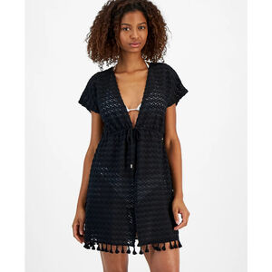 Miken Women's Size Medium Black Tie-Waist Chevron Knit Cover Up NWT